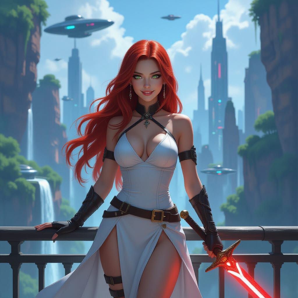 Cyberpunk Solarpunk Cityscape with Warrior Woman