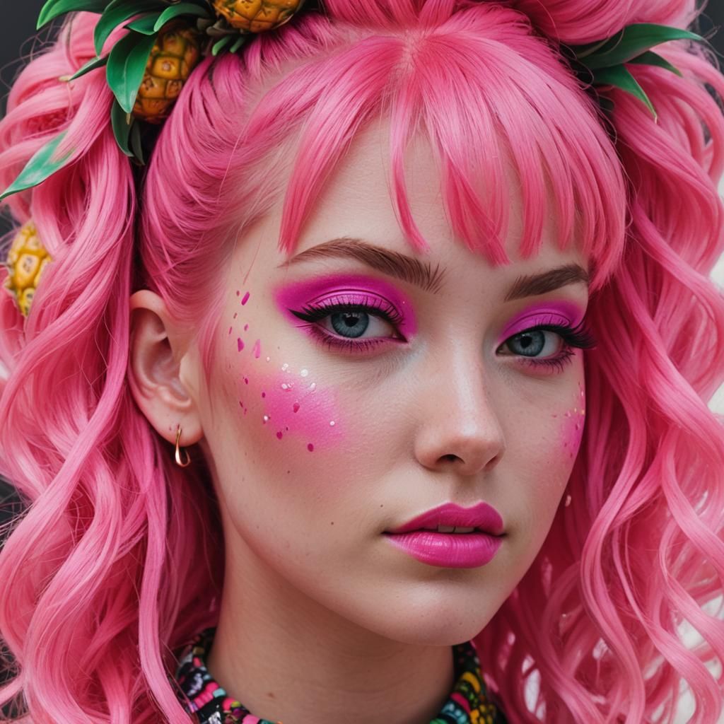 Neon Pineapple Girl with Pink Hair Portrait