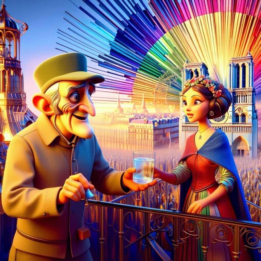 Bell Ringer and Lady Before Iconic Cathedral in Early Animat...