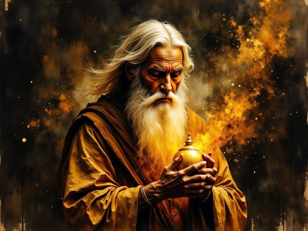 Elderly Man with Golden Orb in Expressive Brushwork Style