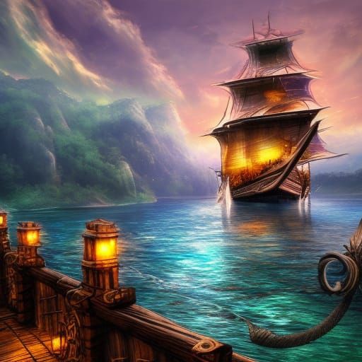 Pirate Ship War with Castle at Night