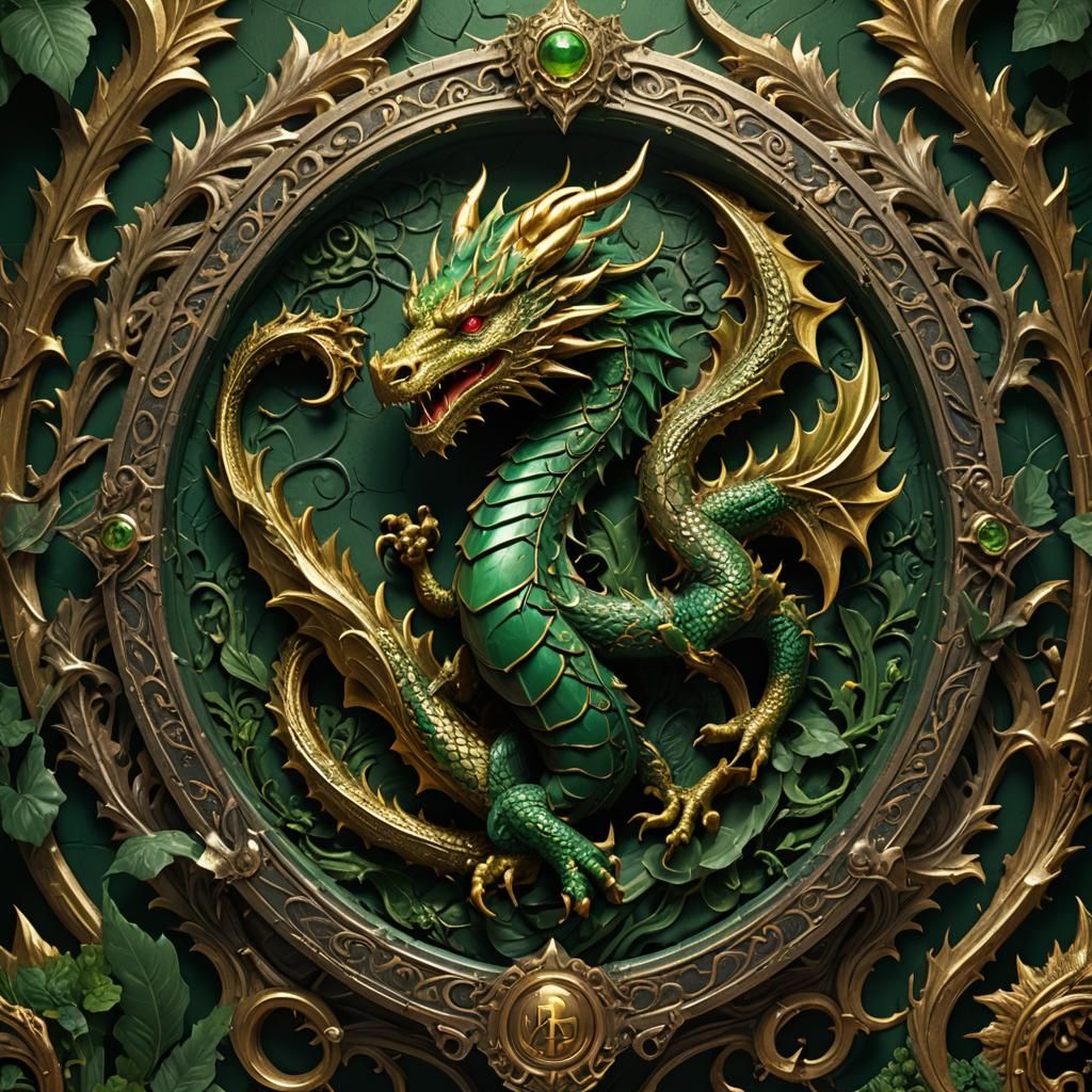 Green and Gold Dragon Crest: Detailed Matte Painting