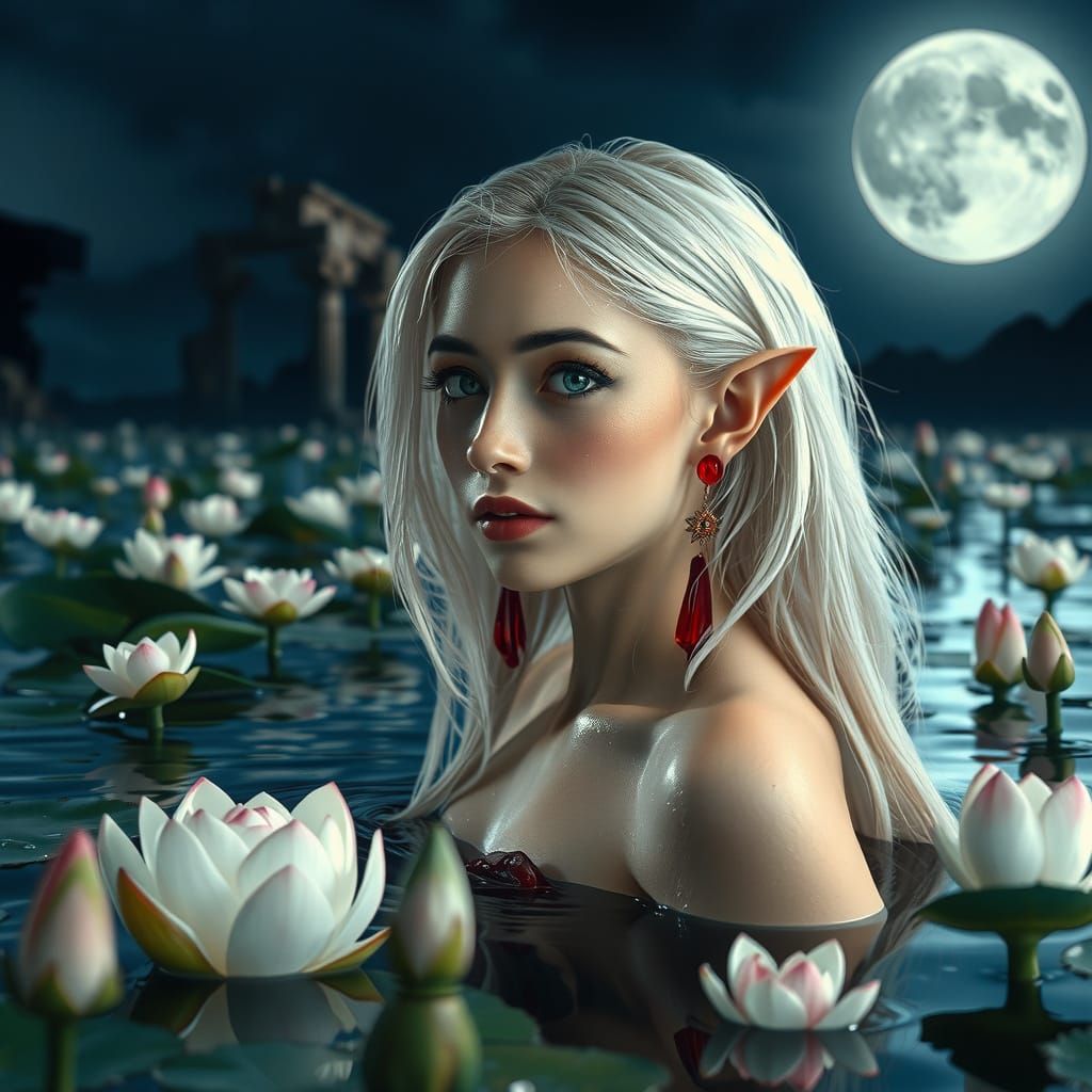 Ethereal Moonlit Elf Maiden Amidst Lotus Blooms and Ancient ...