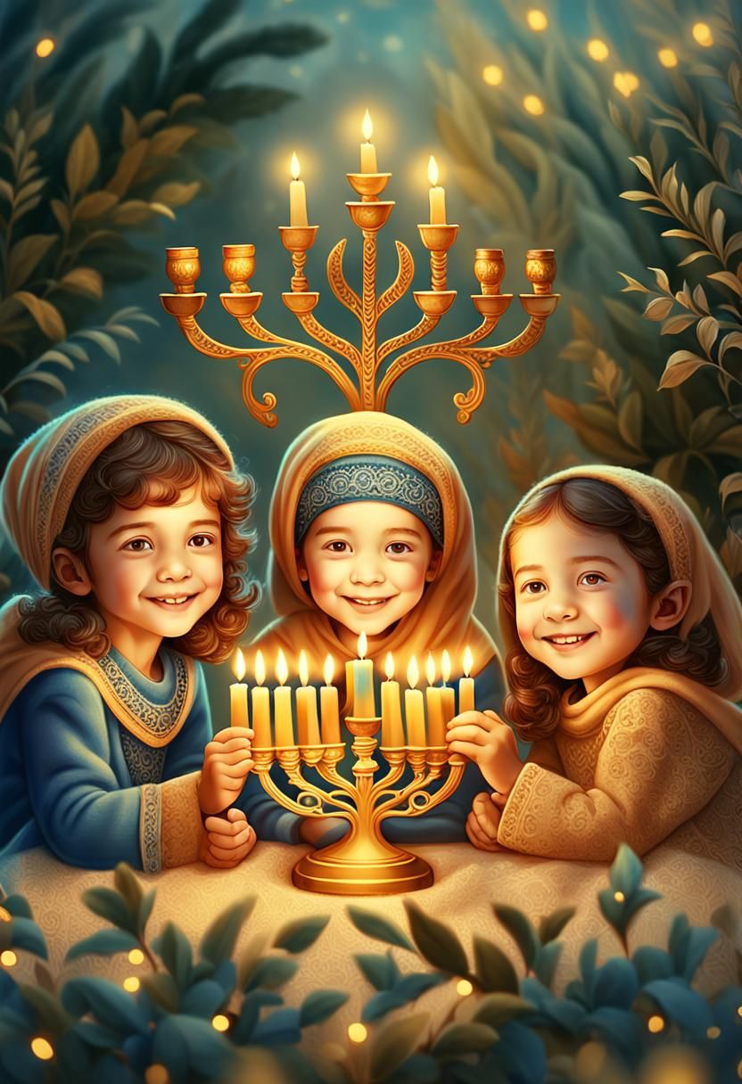 Joyful Jewish Children Admire Festive Menorah in Vibrant 3D....