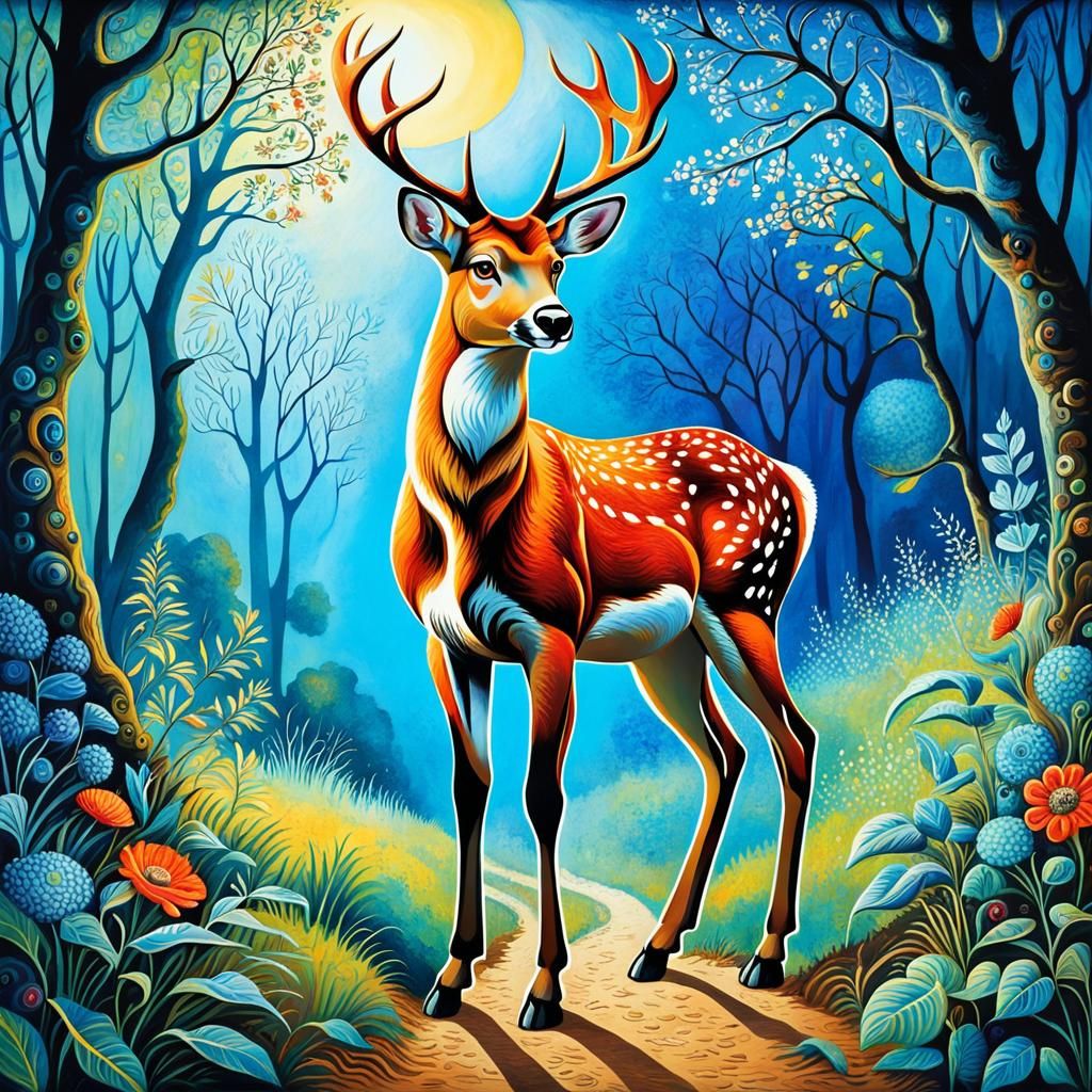 Fantastic Deer Creature in Colorful Landscape