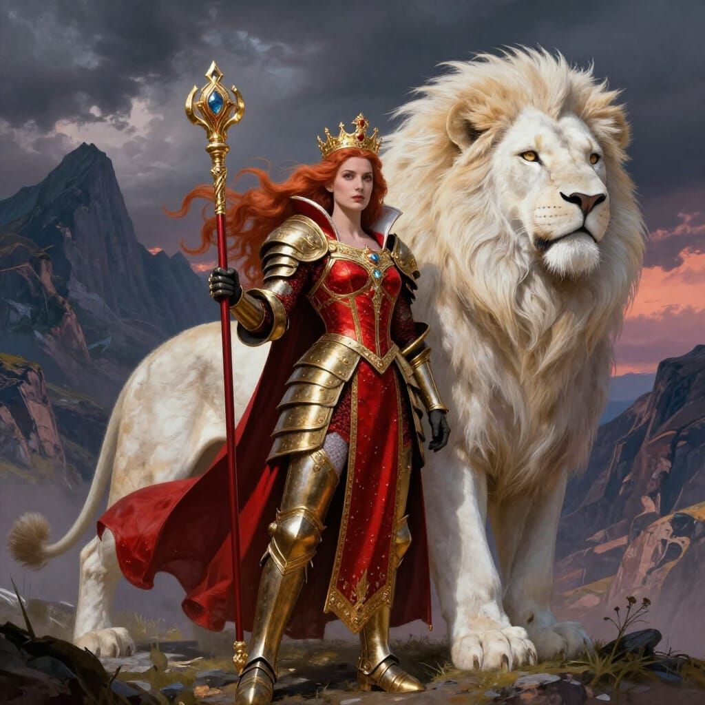 Regal Queen and White Lion in Epic Fantasy Art