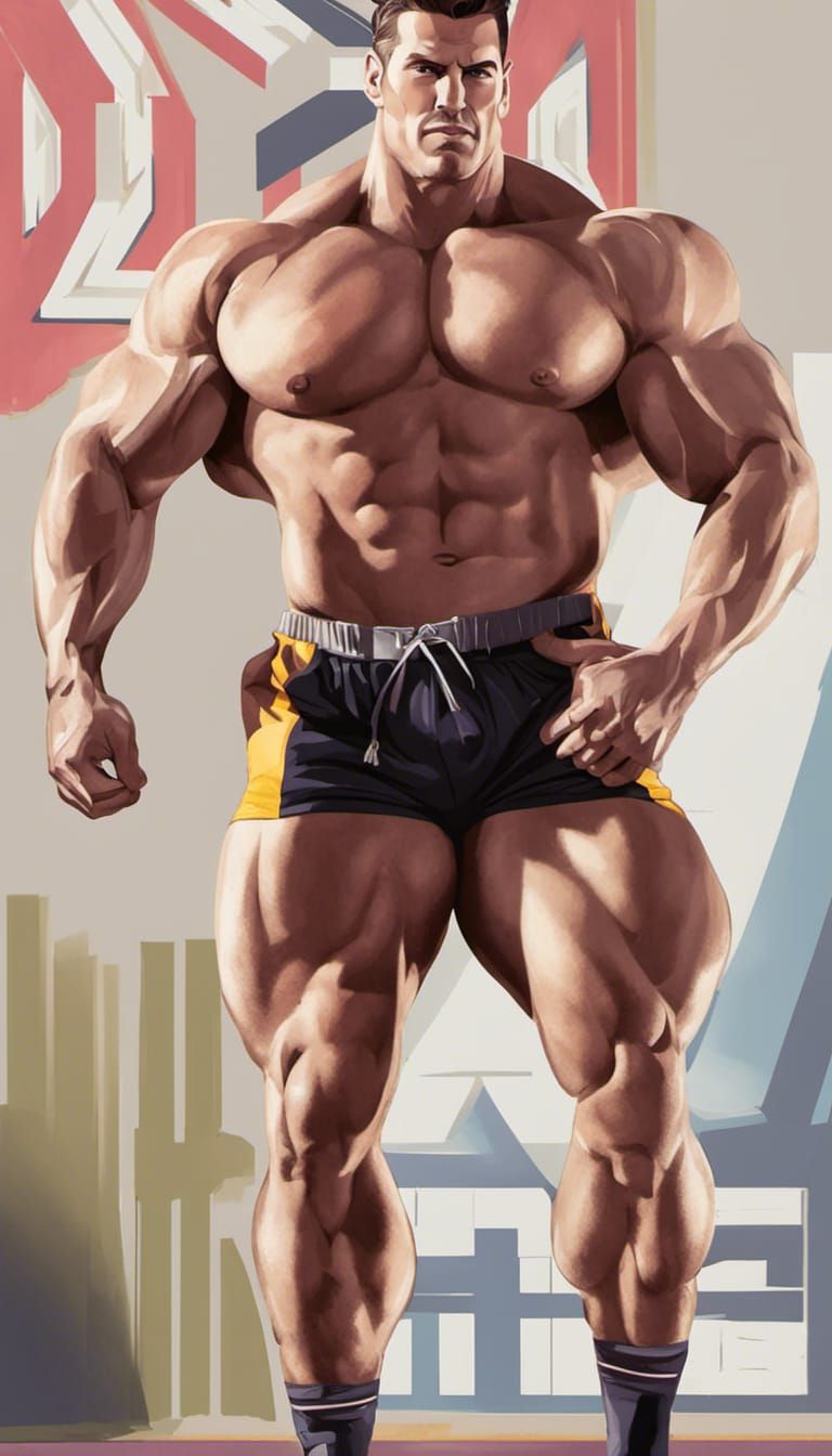 Bulky Bodybuilder with Big Muscles on Football Field