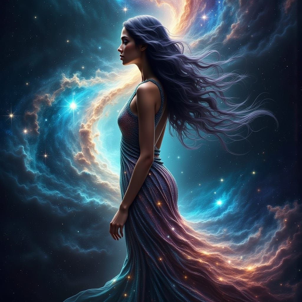 Cosmic Goddess Among Swirling Nebulae