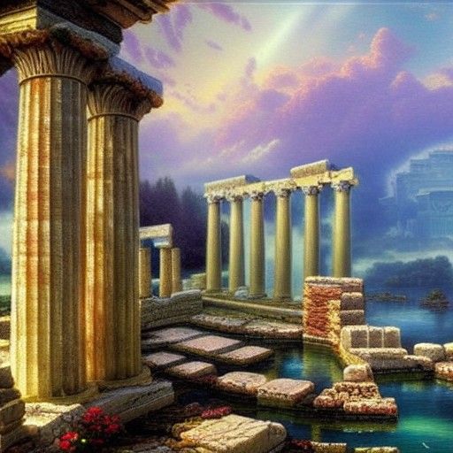 Ethereal Floating Greek Ruins in Misty Landscape