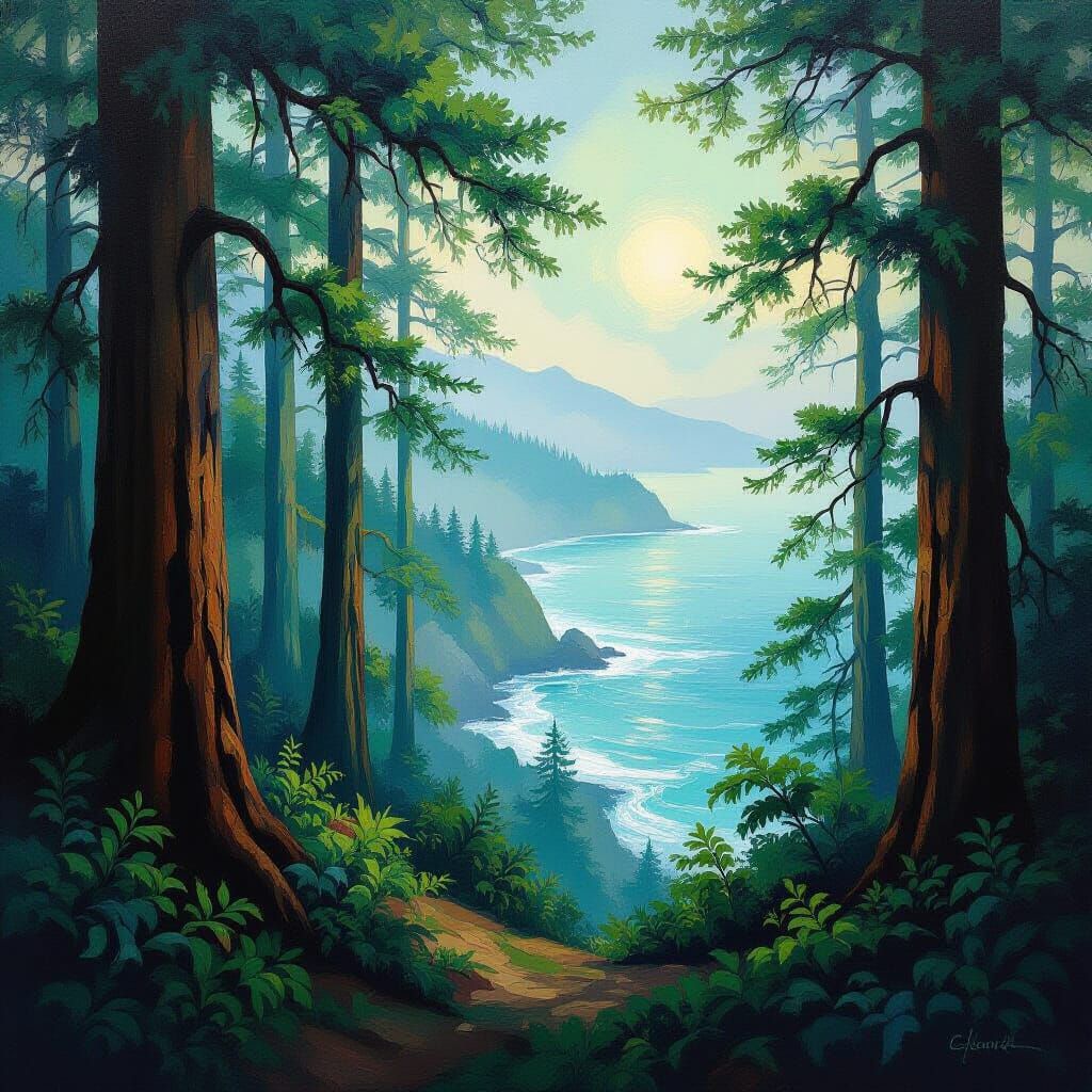 Misty Redwood Forest Overlooking California Coast