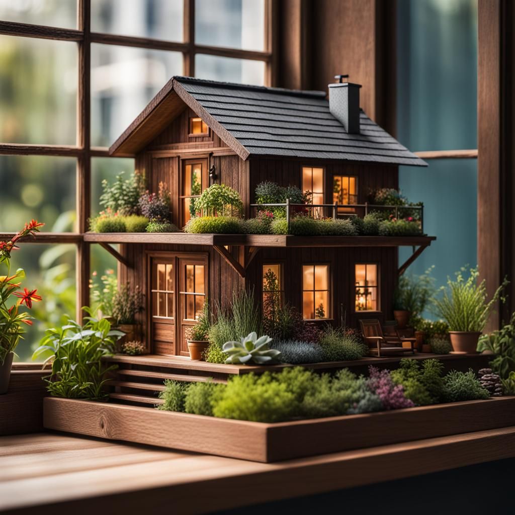 Miniature Wooden Cabins with Gardens, Hyperrealistic Splash ...