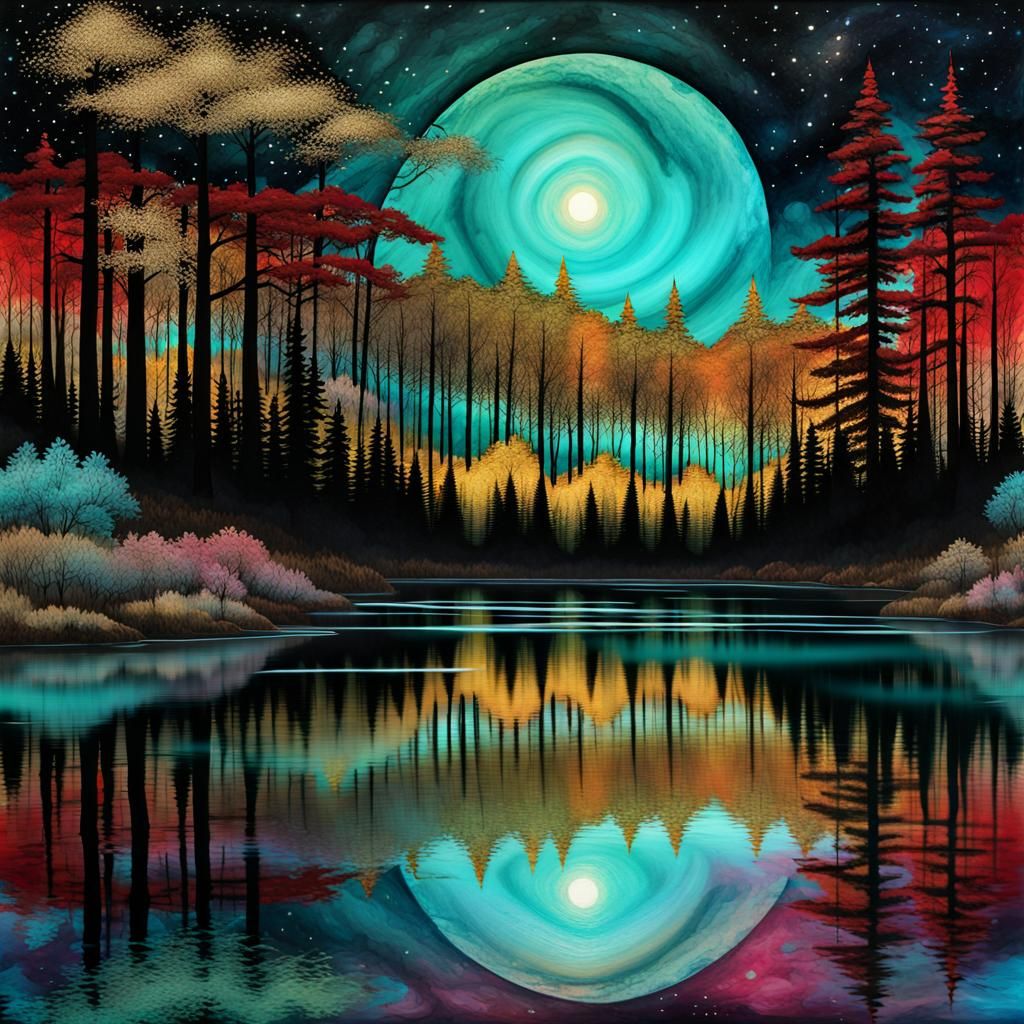 Magical Moonlight Forest Reflected in Lake