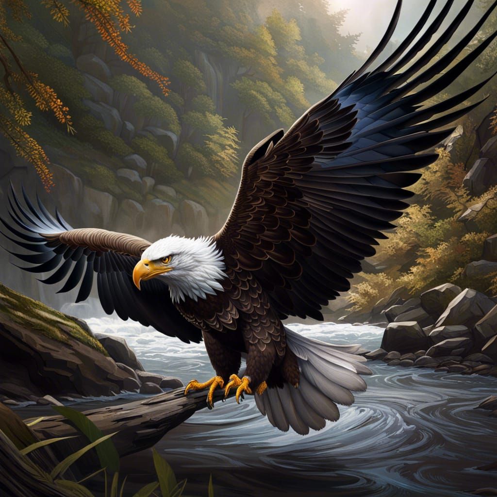 Eagle Hunting Over Stream: Photorealistic Hyperrealism