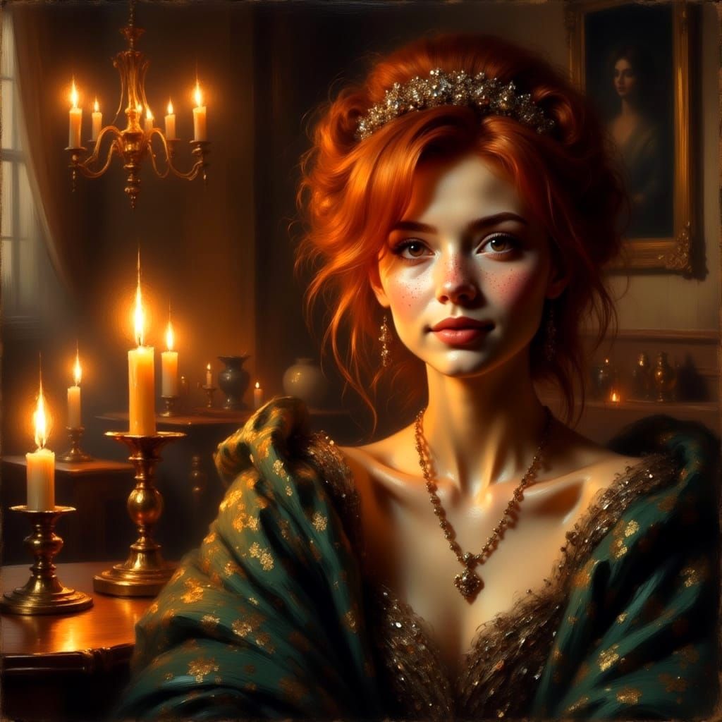 Regal Redhead Queen in Opulent Brocade