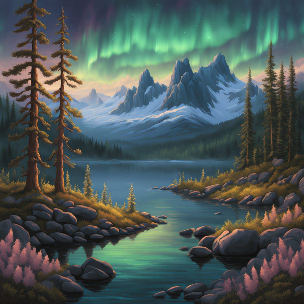 Freyja in Mythological Nordic Landscape with Aurora Borealis