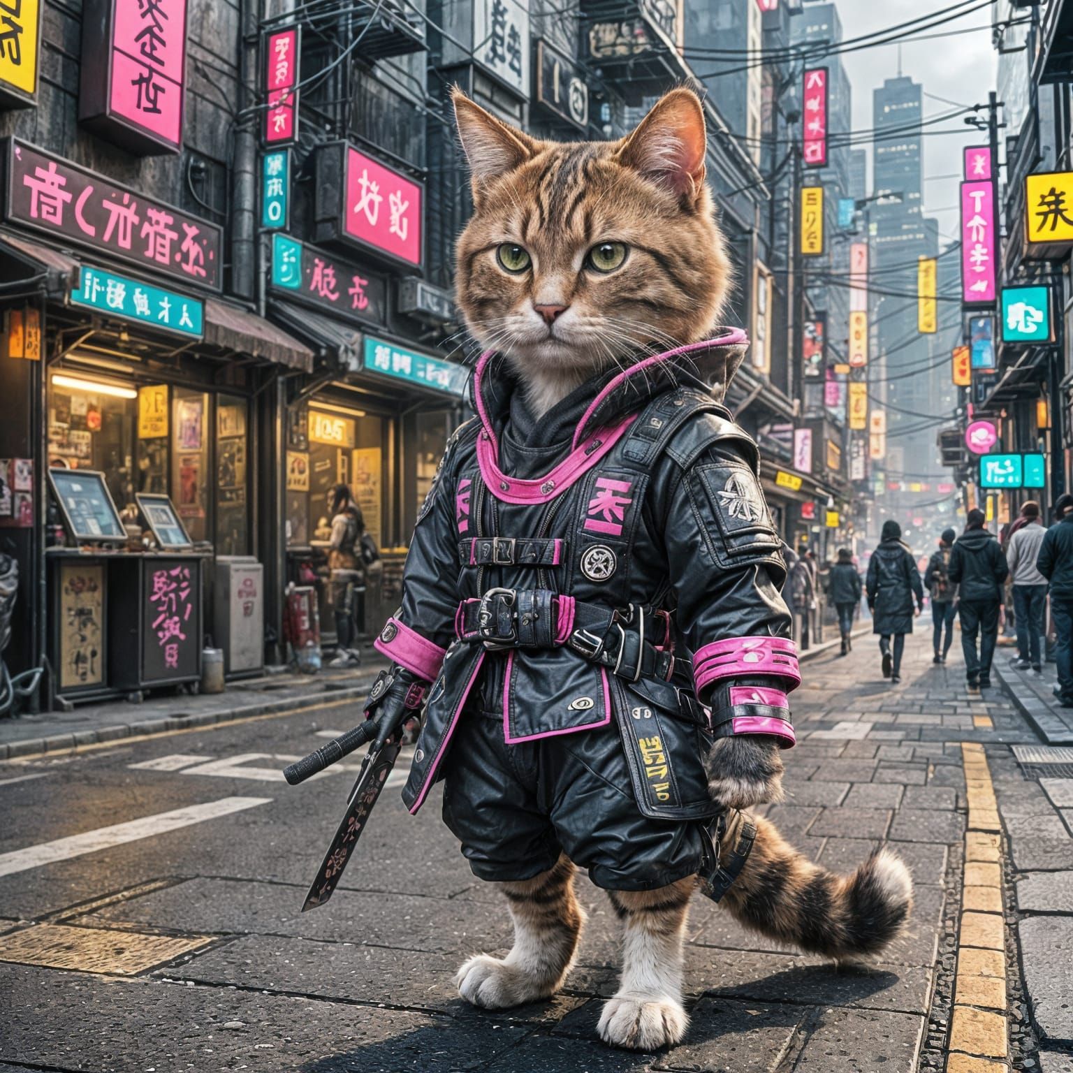 Cyberpunk Samurai Cat in Neon Cityscape