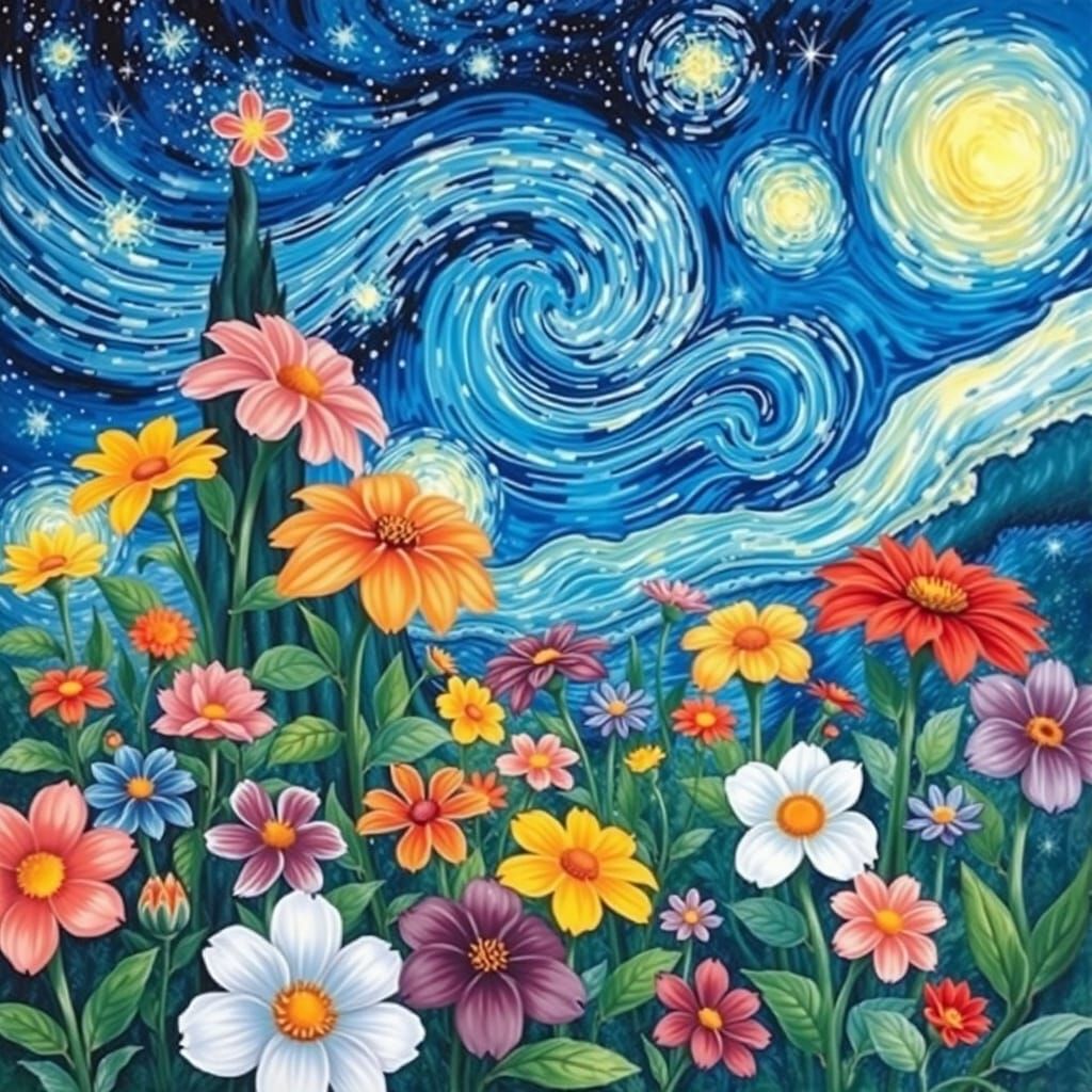Blooming Flowers Under Starry Night Sky in Dreamy Impression...
