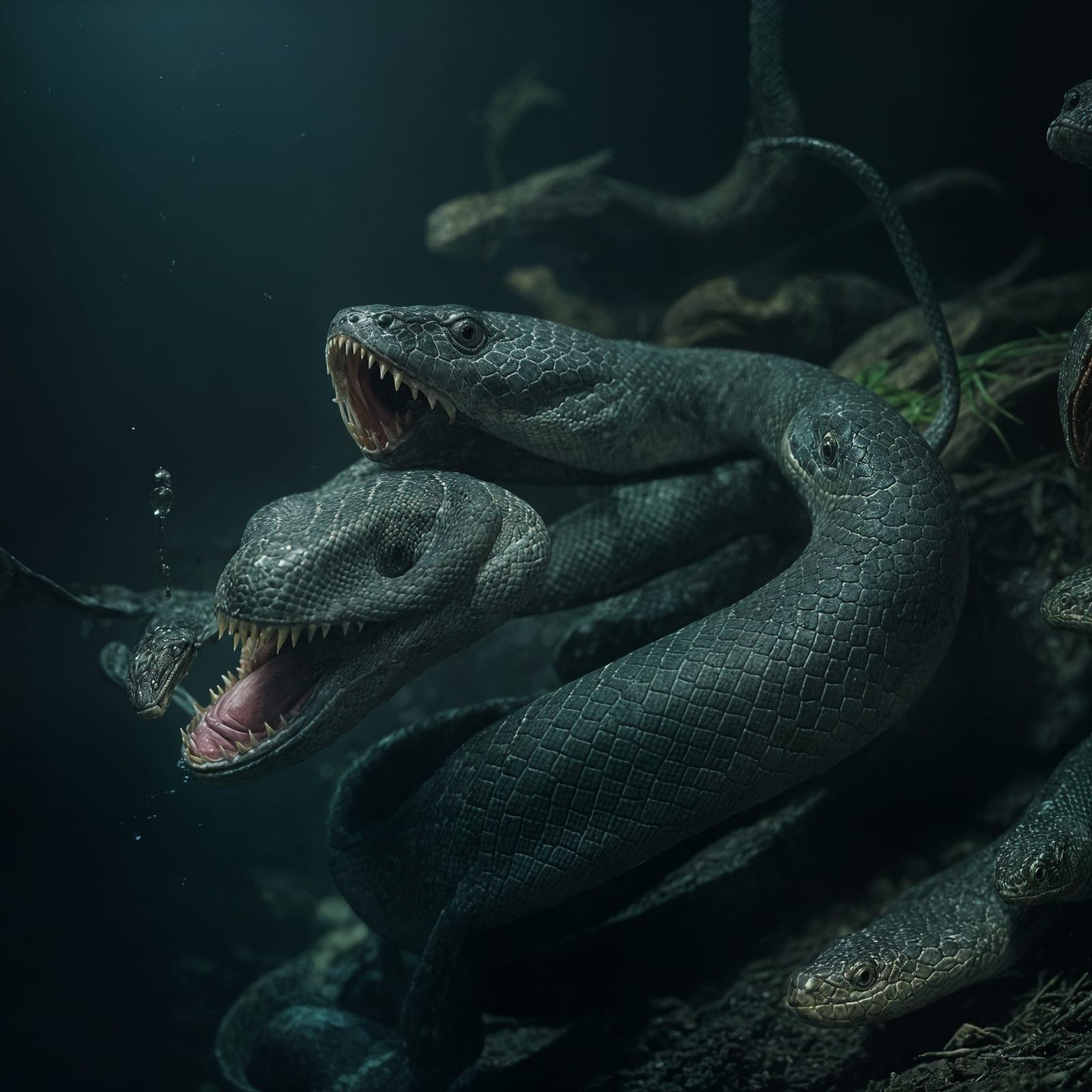 Horror Snake Eating Fish in Cinematic Style