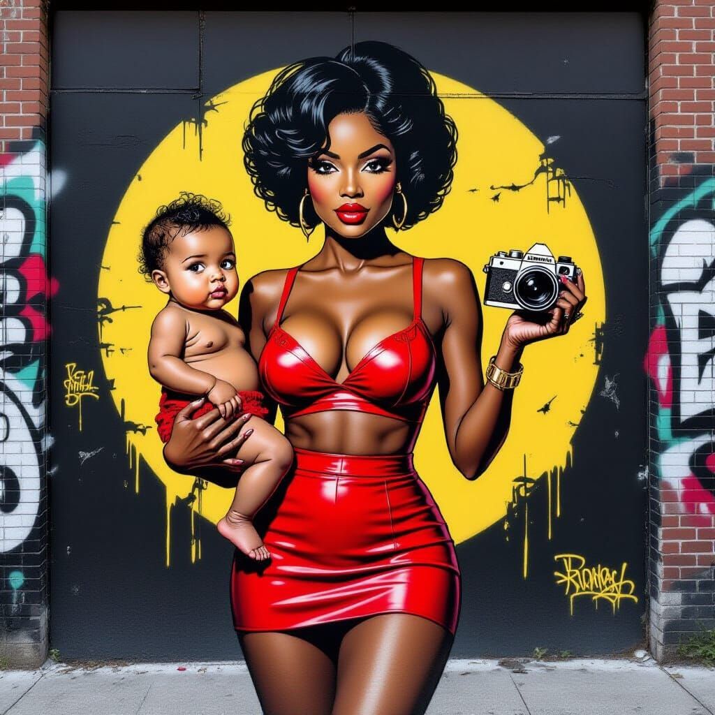 African American Woman with Camera and Baby in Street Art St...
