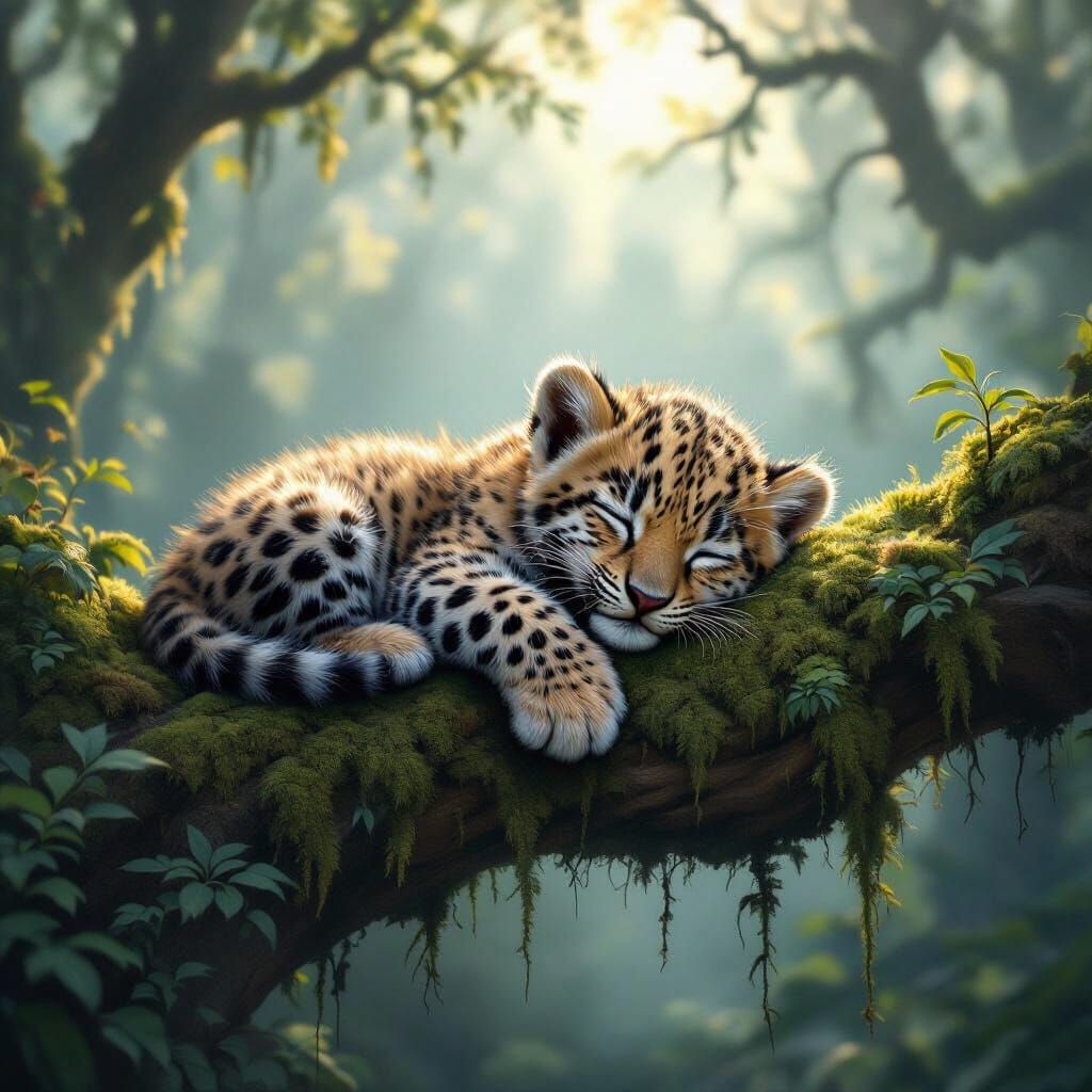 Adorable Leopard Cub Sleeps in Misty Fantasy Forest
