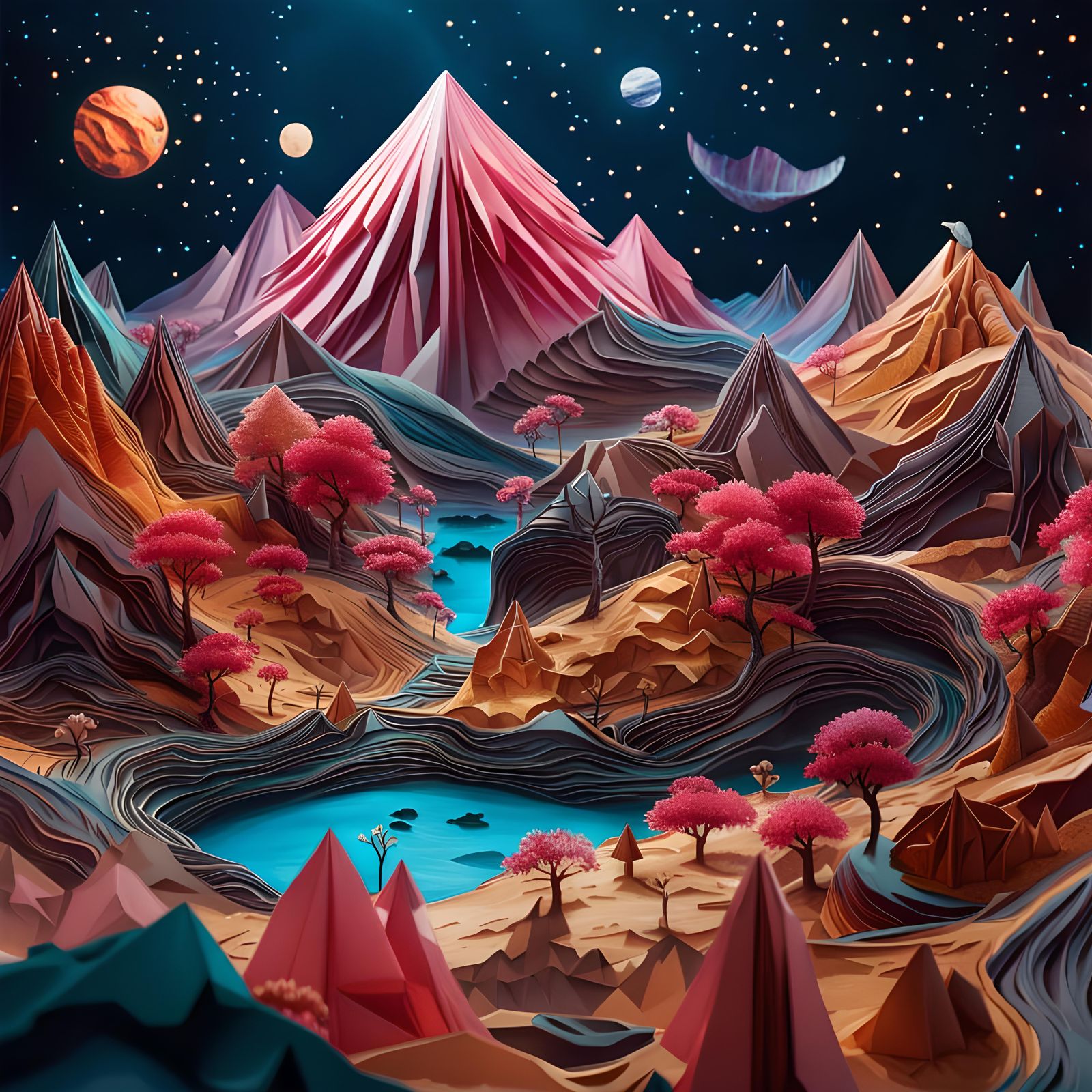 Fantasy Origami World: Alien Landscape in Papercraft Style