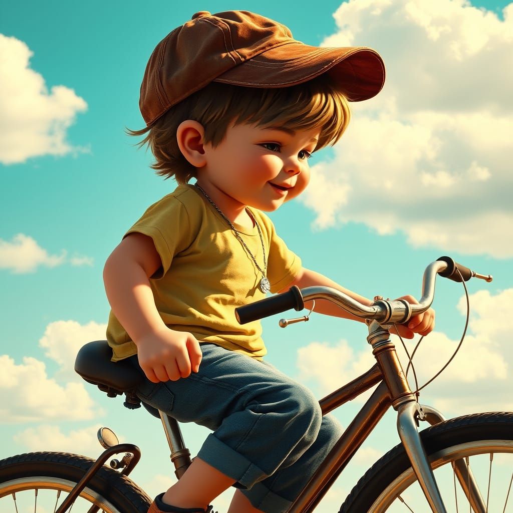Chubby-Cheeked Boy Rides Vintage Bicycle in Sunny Americana ...