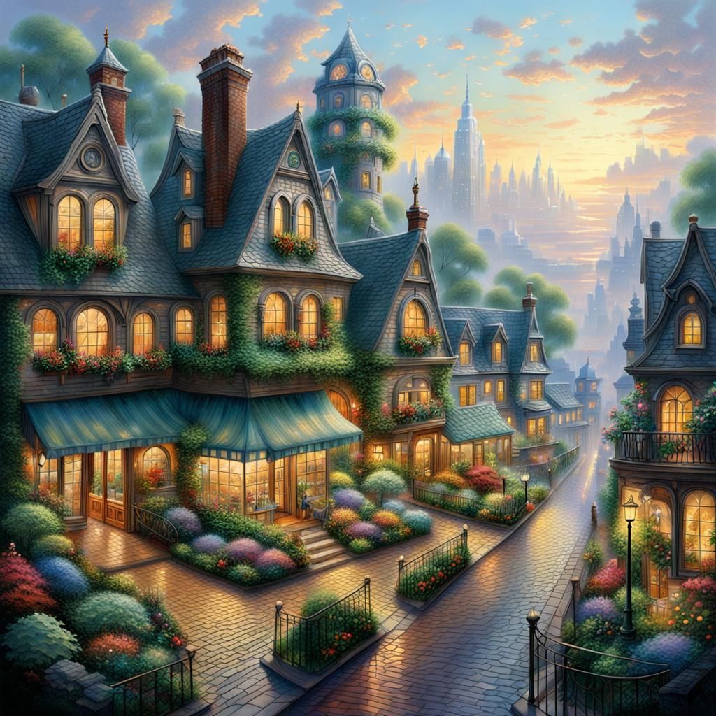 Ethereal Fantasy Town with Glass Buildings in Kinkade Style