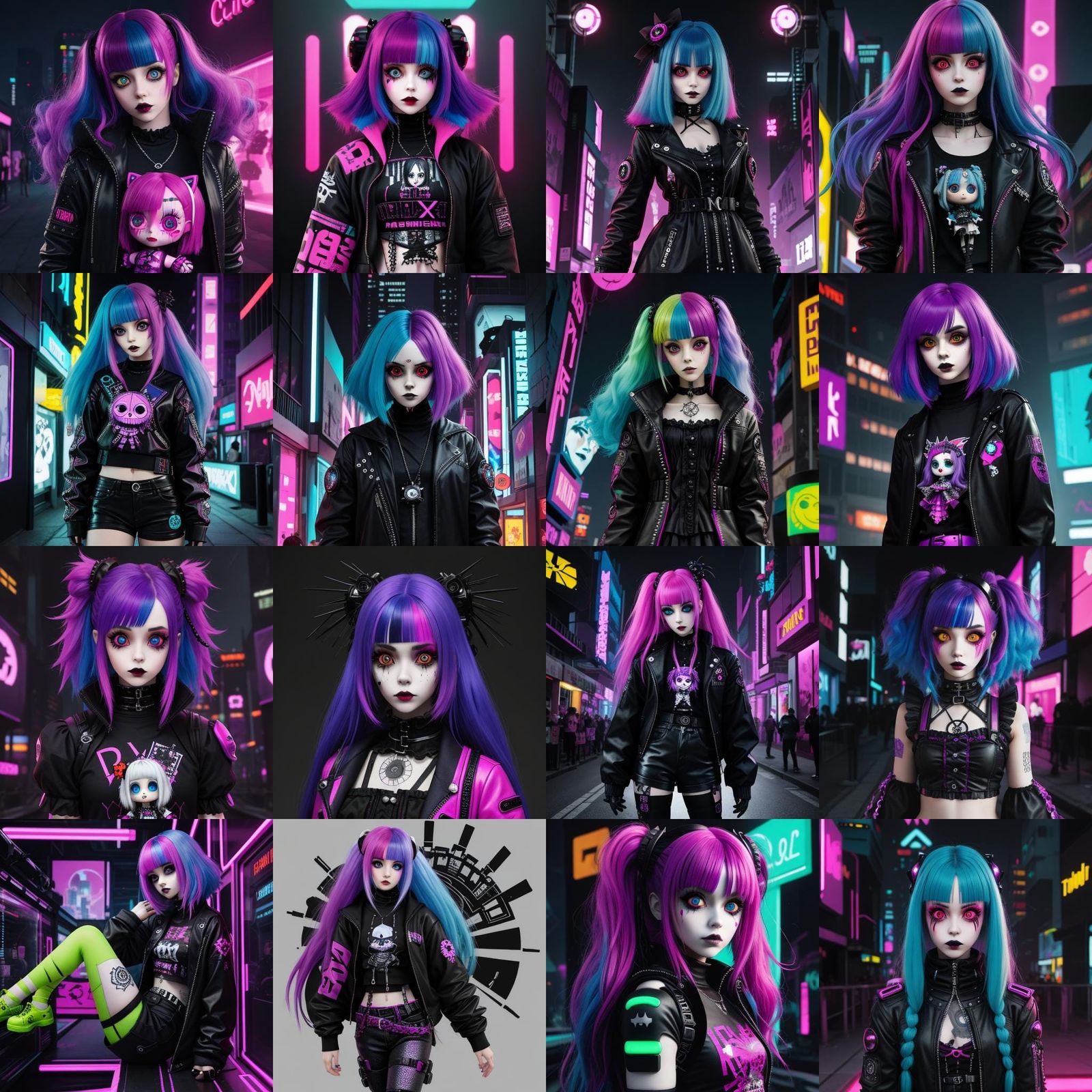 Creepy Cute Gothic Doll in Cyberpunk Neon Style