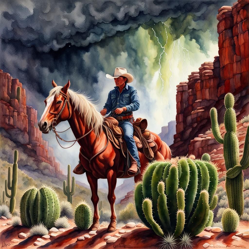 Cowboy in Crimson Canyon Watercolor Landscape