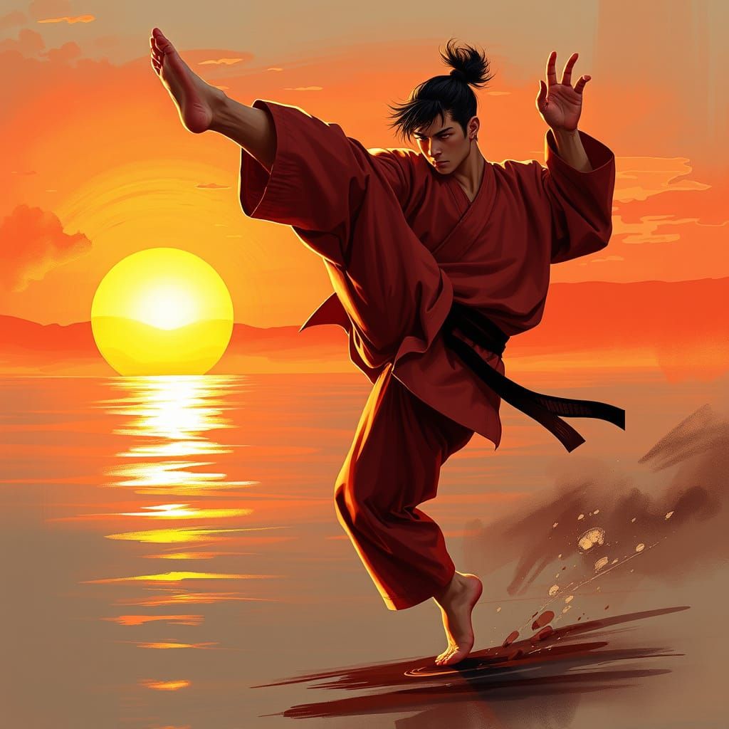 Karate Master's Sunset Kick: Digital Illustration