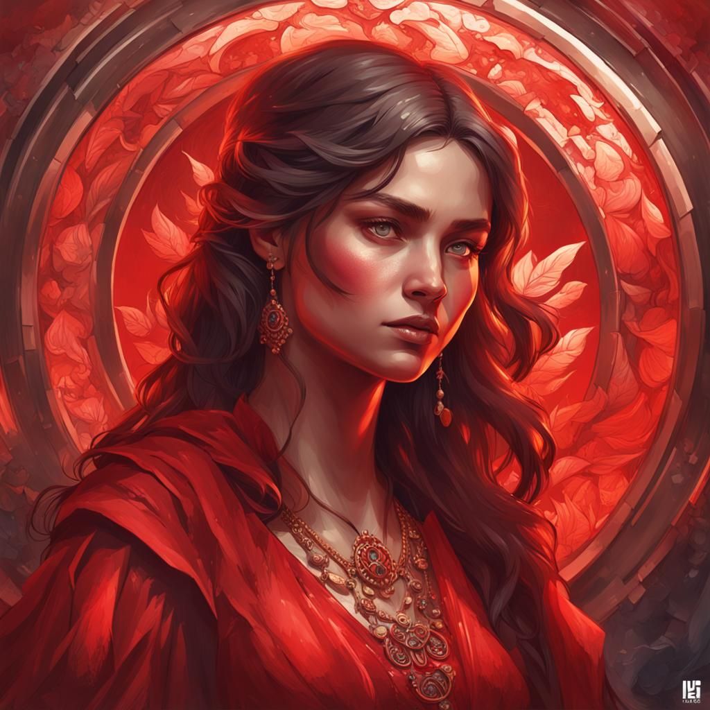 Girl in Red Dress: Hyperdetailed Art Nouveau Portrait