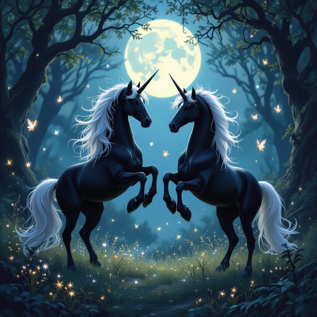 Two Black Unicorns in Magical Forest Clearing