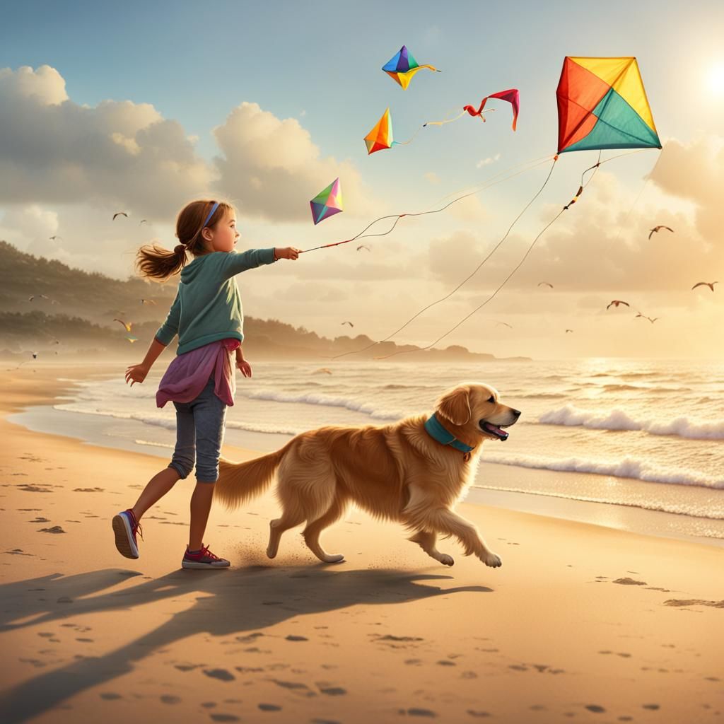 young girl flying a kite, on the beach with her golden retriever. 8k resolution concept art