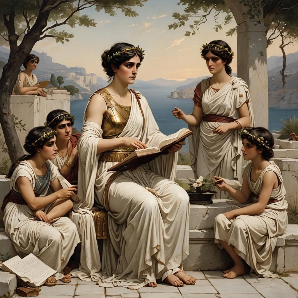Sappho Teaching Poetry in Waterhouse Style