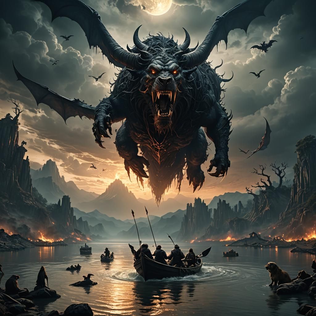 Charon Ferries Cerberus Across the Lake of Souls