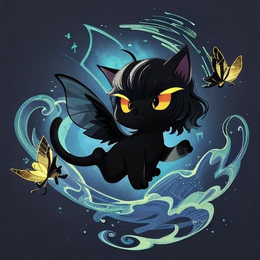 Black Kitticorn Unicorn Hunting Firefly at Night