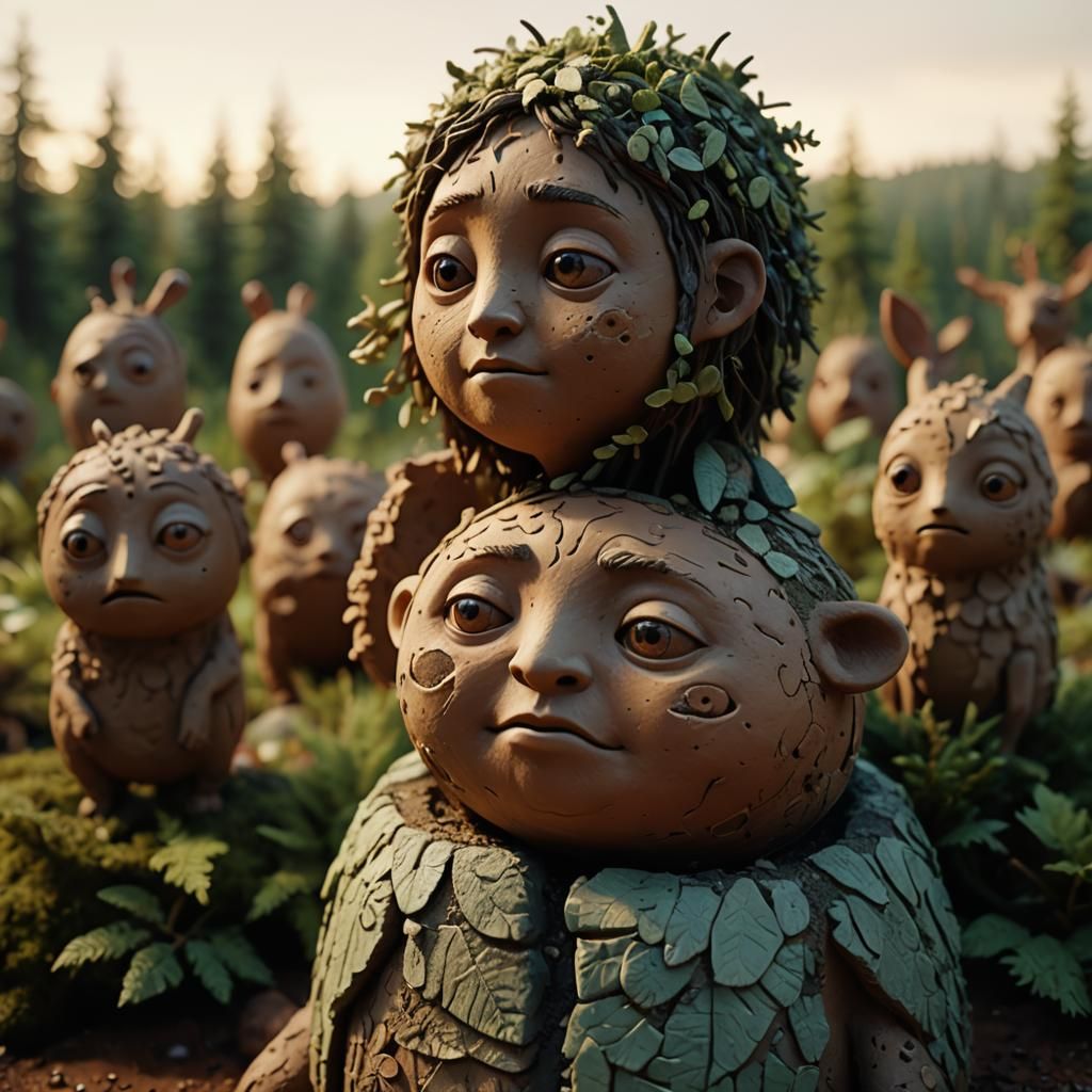 Whimsical Claymation Creatures in Forest Setting