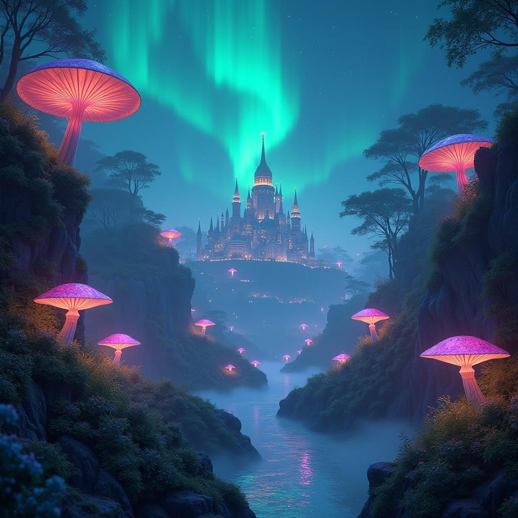 Mystical Glowing Cityscape Under Aurora Borealis