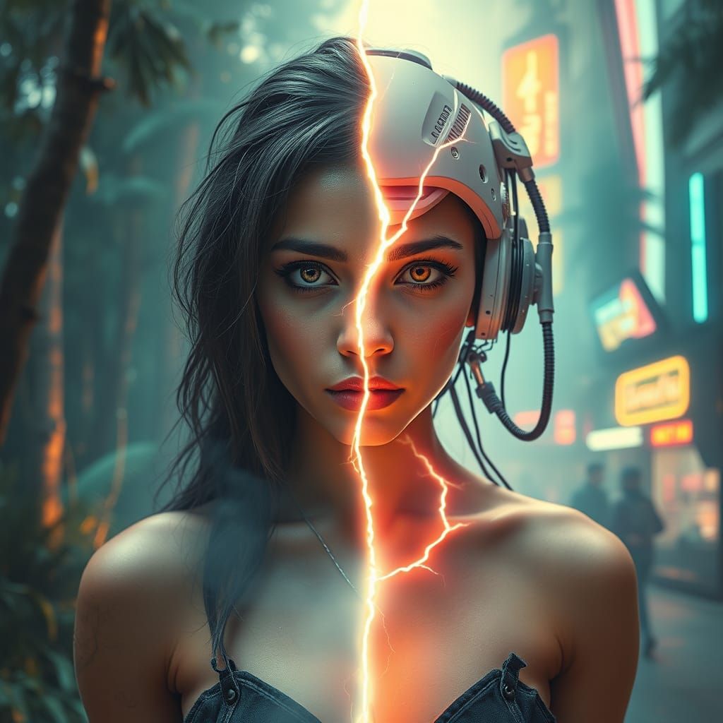 Woman Split Between Time Periods in Ethereal Pastel