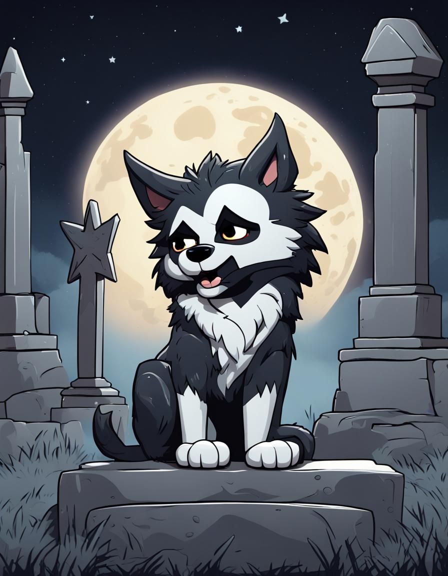Sad Wolf Howling at Moon in Cemetery, Chibi Style