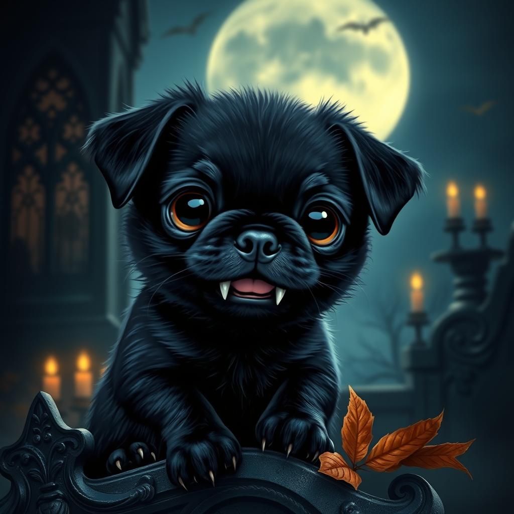 Gothic Vampire Pug Puppy in Moonlight