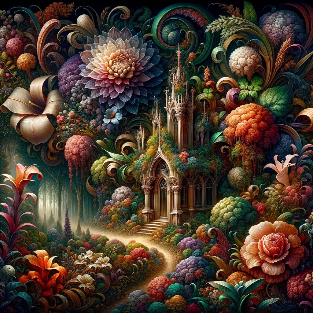 Enchanting Botanical Garden Painting in Airbrush Style