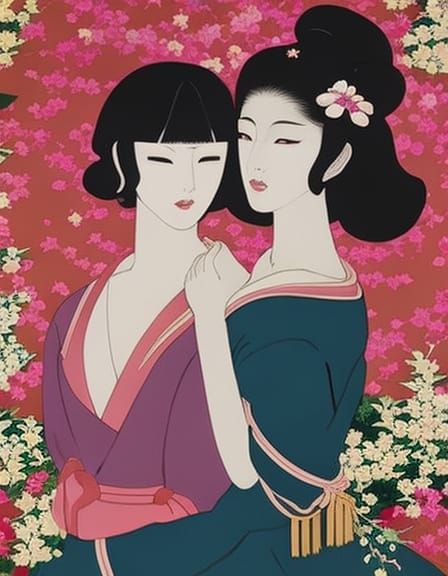 16k resolution, Takabatake Kasho inspired, Taisho-era art. Scene of a transgender woman in an embrace with her lover ami...