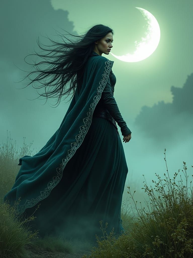 Norse Goddess Bíl in Moonlit Moor