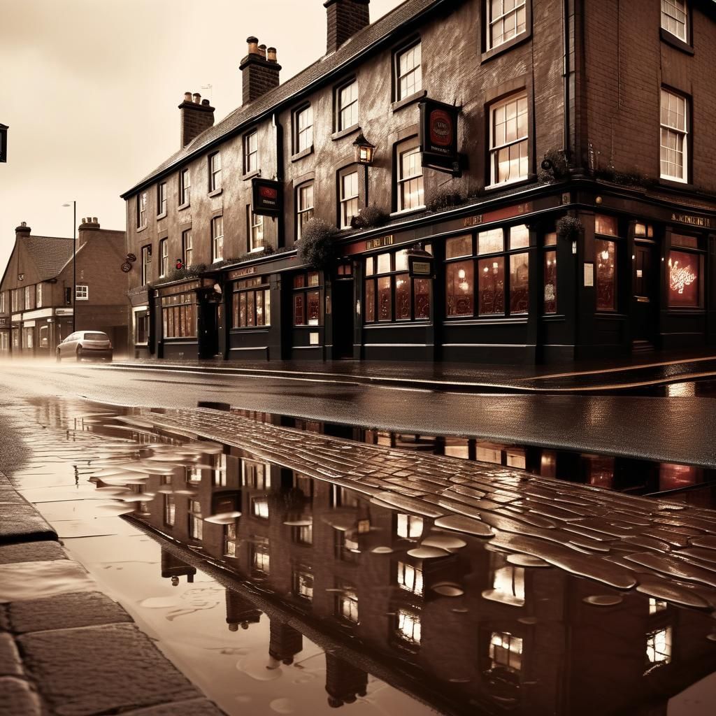 Dadaist Pub on Rainy Street: Sepia-Toned Street Art