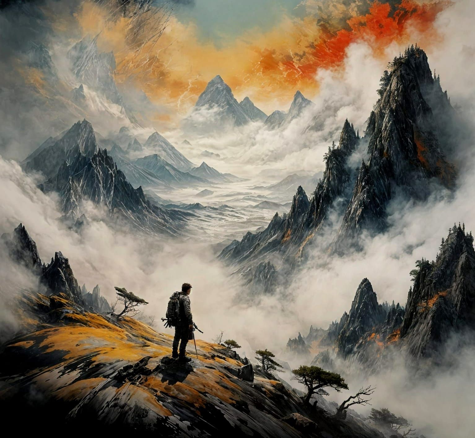 Epic Mountainscape with Fog in Triadic Colors