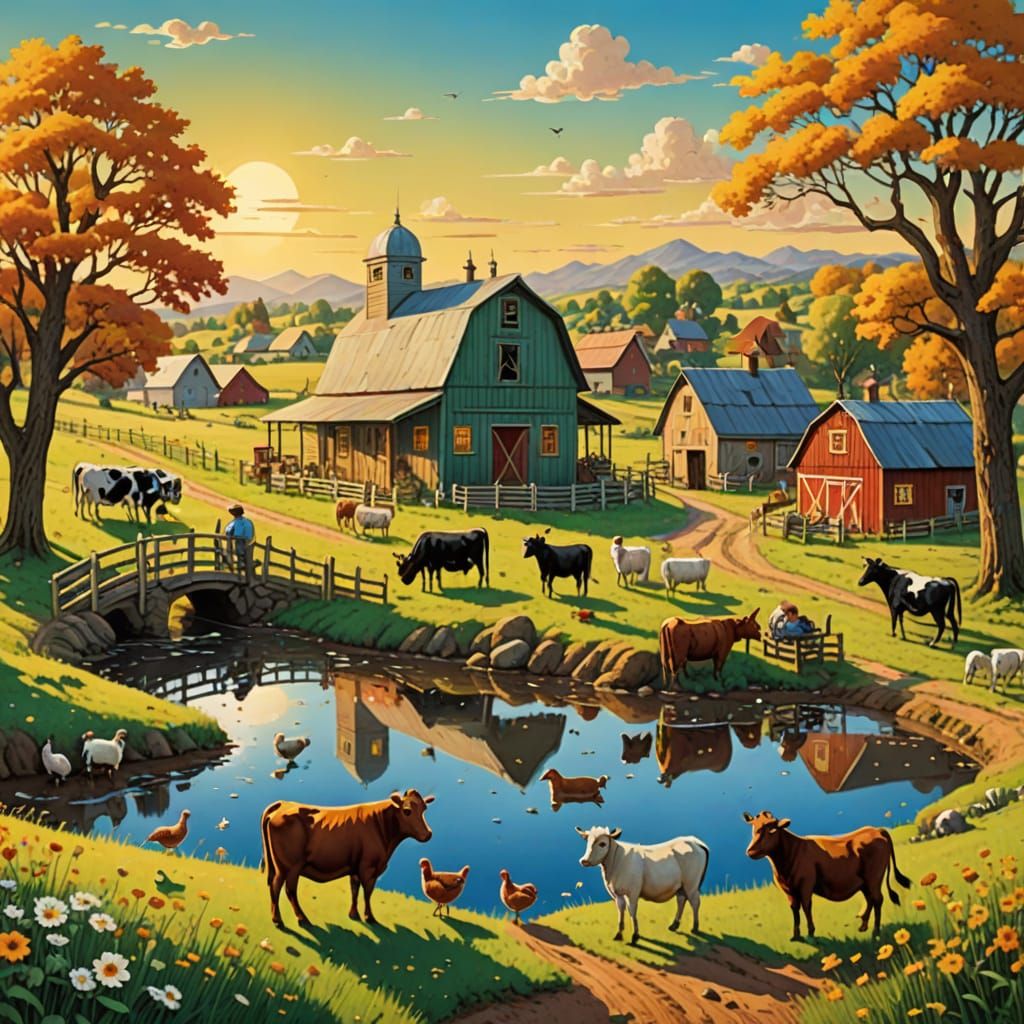 Vibrant Farm Scene with Farmer and Animals