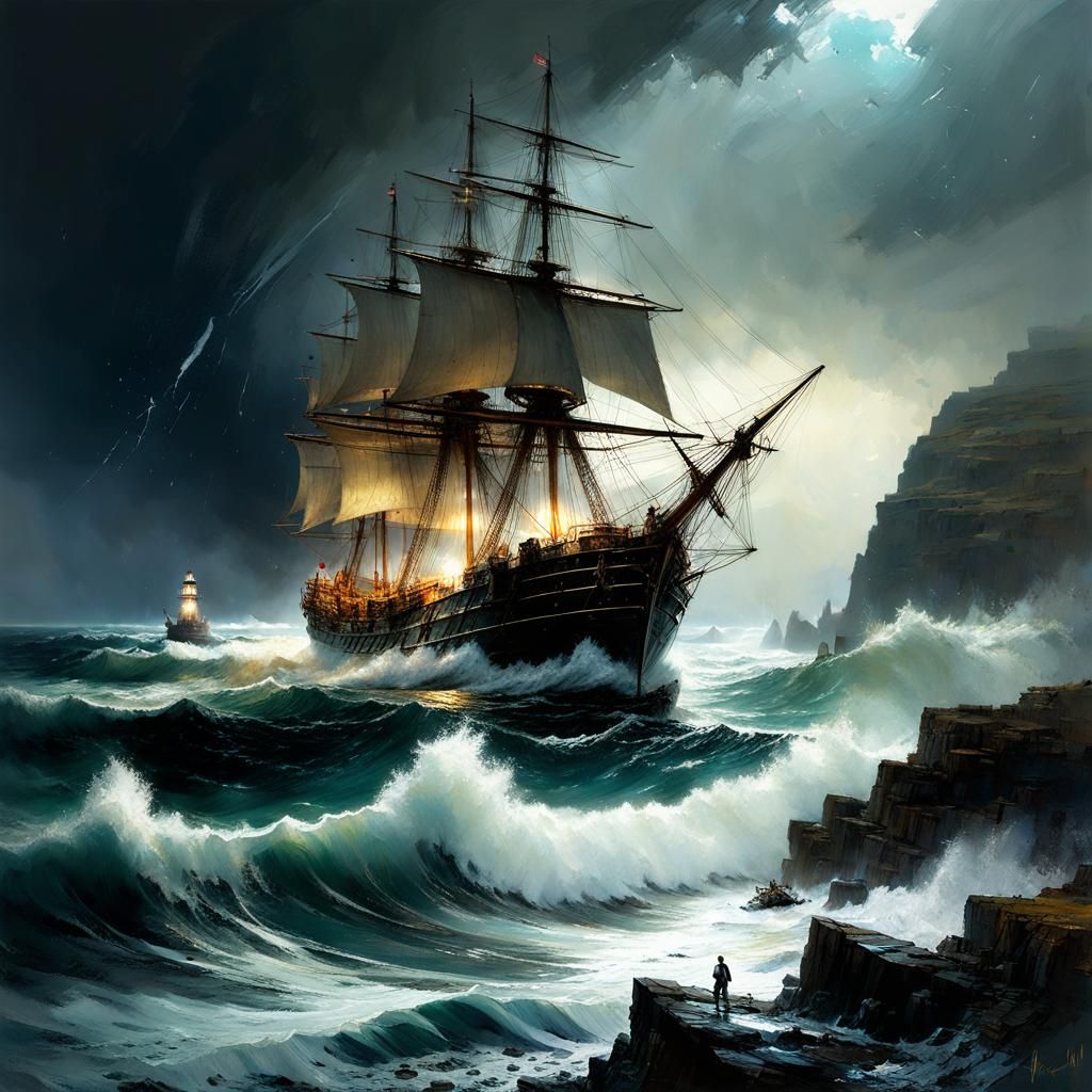 Stormy Seascape: Lighthouse and Sailing Ship