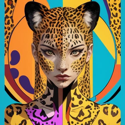 Leopard Woman Face in Geometric Pop Art
