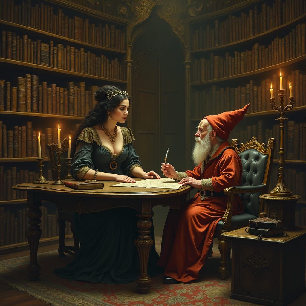 maga femmina nel suo studio circondata da grandi libri che sta discutendo con un nano di argomenti mistici